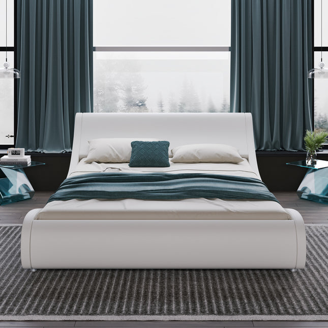 Bed Frame with Adjustable Headboard - Deluxe Faux Leather Upholstered Bed, Solid Wood