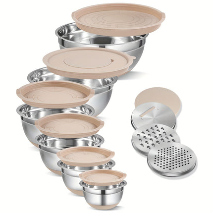 Stainless Steel Non-Slip Silicone Bottom 6pcss Mixing Bowl Set with Sealing Lid And 3 Grater Attachments