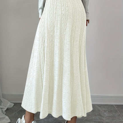 Women's Elegant Long Ribbed Skirt - Solid Color Fall Winter Casual to Formal Wear, Hand Wash/Dry Clean