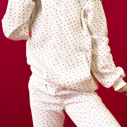 Pink Floral Print Kangaroo Pocket Hoodie Sheath Sweatpants Set