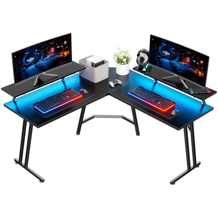 L-Shaped Gaming Desk with Carbon Fiber Surface, Dual Monitor Stands & LED