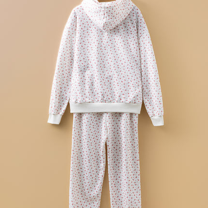 Pink Floral Print Kangaroo Pocket Hoodie Sheath Sweatpants Set