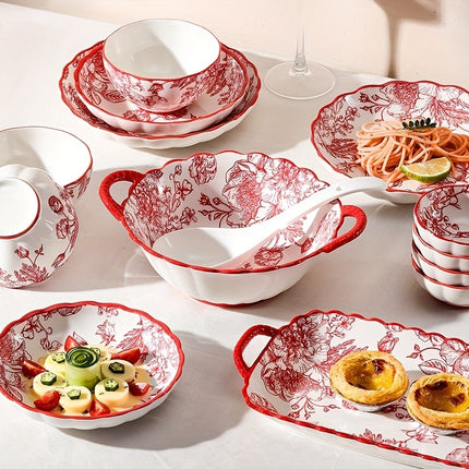 18/33/44pcs Set - Ceramic Tableware Set, French Retro, Red Rose Pattern, Wedding Gift, Can Hold Steak