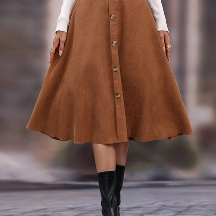 Elegant Solid Color Button-Front Flared Skirt for Women - High Waist, Machine Washable