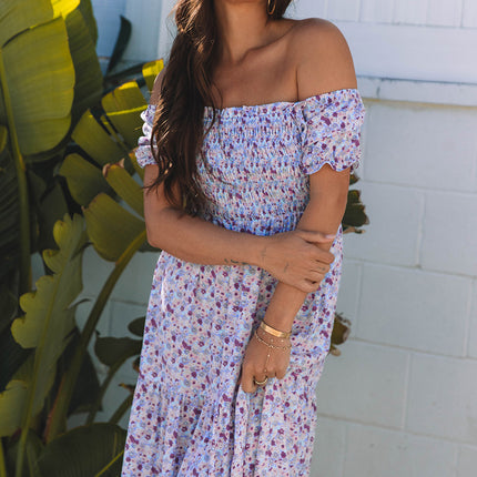 Purple Floral Short Bubble Sleeve Shirred High Waist Maxi Dress