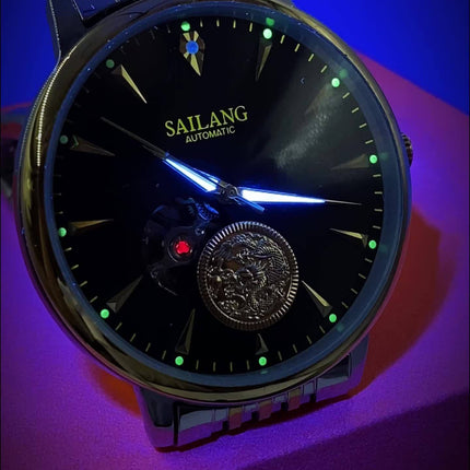 Men's Automatic Mechanical Skeleton Watch with Adjustable Metal Band, Black Dial & Golden Accents