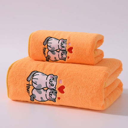 2pcs Cartoon Cat Embroidery Towel Set, Super Absorbent Coral Fleece, Soft & Comfortable