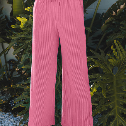 Bright Pink Solid Corded Knit Short Sleeve T Shirt and Wide Leg Pants Set