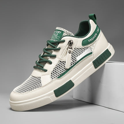 Men'S Breathable Mesh Casual Sports Shoes- White and Green Low-top Lace-up Shoes with EVA Cushioning