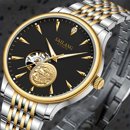 Men's Automatic Mechanical Skeleton Watch with Adjustable Metal Band, Black Dial & Golden Accents