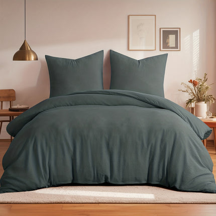 1 Set Seersucker Bed Set - King Size Duvet Cover & 2 Pillowcases (Queen Compatible)