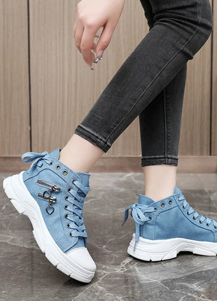 New Canvas High-top Women Shoes Spring Breathable Denim Sneakers Women Summer Thick Bottom Heightening Sports Casual Shoes