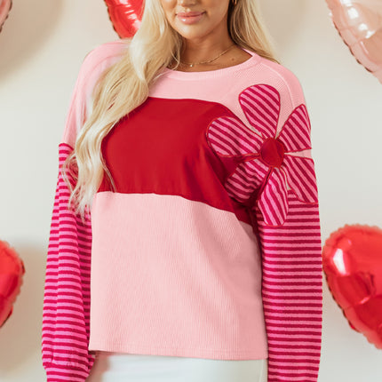 Pink Floral Patch Color Block Striped Sleeve Textured Top