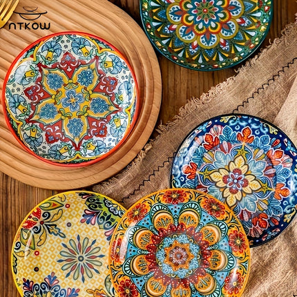NTKOW 6pcs Bohemian Hand-Painted Ceramic Plates - Vibrant Floral & Geometric Patterns