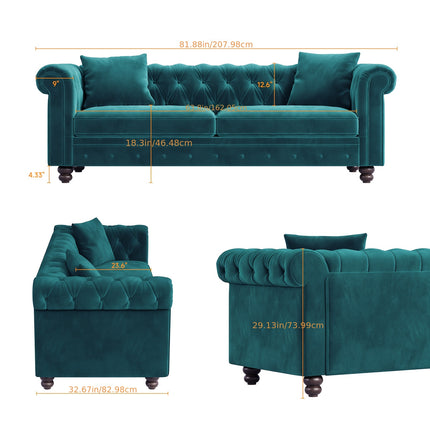 Sofa In Black Velvet, Featuring Rolled Arms, 23.6" Deep Seat With Two Throw Pillows