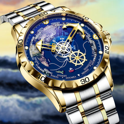 Men's Automatic Mechanical Watch - Navy Blue Dial with Golden Hands, Compass Rose Steering Wheel