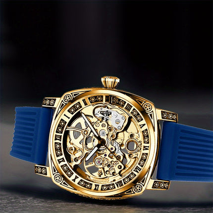 1pc Men's Yellow and Blue Tape Elegant Carved Roman Rotating Mechanical Watch
