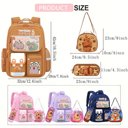 Kabbalah Three-Piece Set Backpack - Includes Lunch Box, Pencil Case, Fashionable Capybara