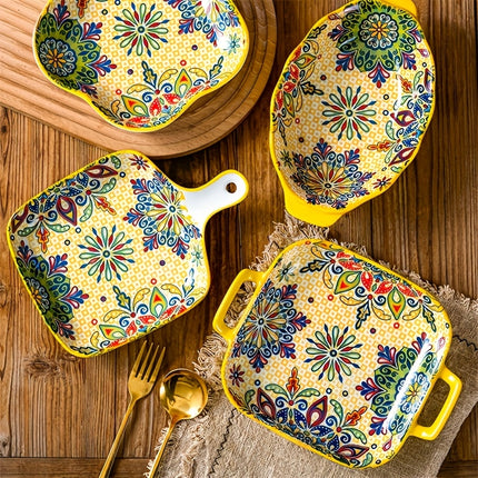 4pcs Bohemian Ceramic Bakeware & Serving Dishes Set - Oven-Safe Ceramic Rectangular Baking Dishes