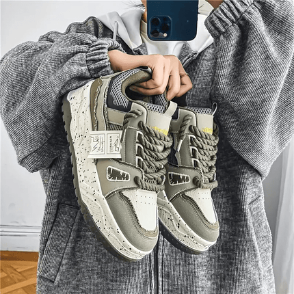 Men's Retro Skate Sneakers - Green & White Color Block, Thick Rubber Sole, Shock Absorbing Casual Sneakers