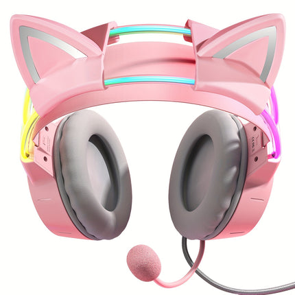 Gaming Headset] Gaming Headset RGB Lighting Head Beam Wired Headset Detachable Cat Ears