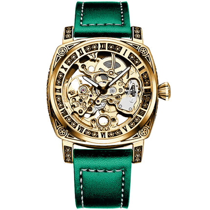1pc Men'S Luxury Mechanical Watch with Green PU Strap - Automatic Winding Movement