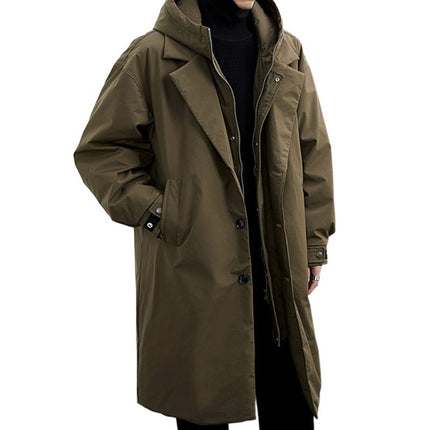 Coat Coat Men's False Two Pieces Hooded Mid-length Trench Coat