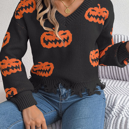 Halloween Contrast Color Pumpkin Cut Long Sleeve Sweater