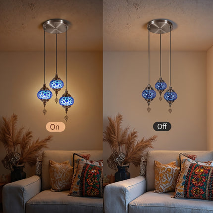 Turkish-Moroccan Mosaic Three-Head Ceiling Lamp Handmade Glass Shade, Mediterranean Style,