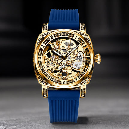 1pc Men's Yellow and Blue Tape Elegant Carved Roman Rotating Mechanical Watch