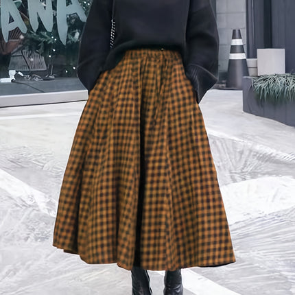 French Vintage A-Line Skirt - High-Waisted Long Maxi Skirt with Checkered (for houndstooth) Skirt,