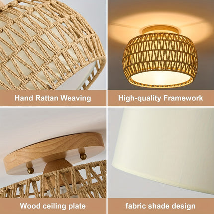 1pc Bohemian Rattan Semi-Flush Mount Ceiling Light Fixture For Farmhouse Decor