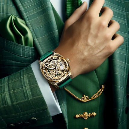 1pc Men'S Luxury Mechanical Watch with Green PU Strap - Automatic Winding Movement
