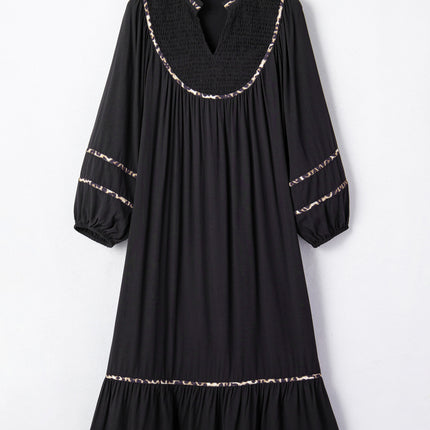 Black Contrast Leopard Trim Split Neck Long Sleeve Casual Midi Dress