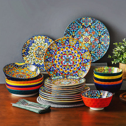 24pcs Dinner Set Stoneware Bohemian Style Tableware with Dinner Plate Dessert Plate Pasta Bowl Cereal Bowls