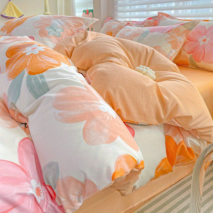 3pcs Soft & Comfortable Floral Bedding Set - Vibrant Orange & Pink Flowers, Machine Washable Polyester,