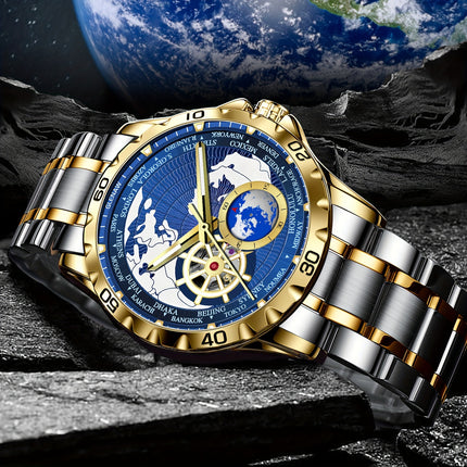 Men's Automatic Watch, Rotating Little Earth Blue Dial Men's Mechanical Watch Steel Strap Stopwatch