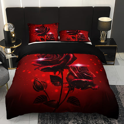 3pcs Red Rose Print Duvet Cover Set - Includes 1 Duvet Cover & 2 Pillowcases, Breathable Polyester, Machine Washable - Perfect for All Seasons