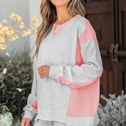 Light Grey Color Block Raw Hem Pullover and Casual Shorts Set