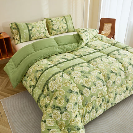 3pcs Fresh Green Rose Floral Comforter Set  Active Print, Multi-directional Quilting, High-Rebound Polyester Filling,