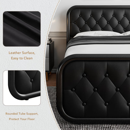 Metal Bed Frame, Platform Bed Frame with Faux Leather Headboard, Heavy-Duty Thicker Metal Steel Slats Support,