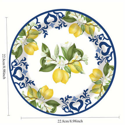 30pcs Disposable Tableware Set Featuring a Lemon And Blue Porcelain Theme, Uncoated Utensils