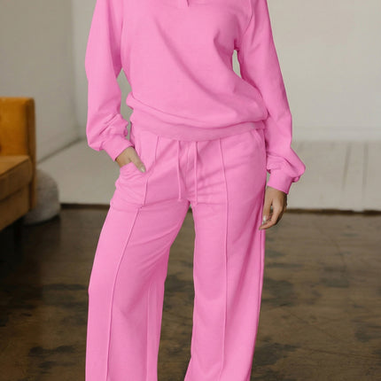 Bright Pink Polo Collar V Neck Pullover and Drawstring Sweatpants Set