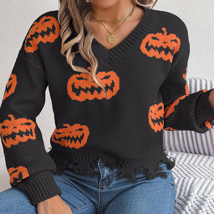 Halloween Contrast Color Pumpkin Cut Long Sleeve Sweater
