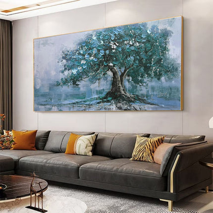 Large Handpainted Palette Knife Green Big Tree Oil Painting On Canvas Modern Abstract Landscape Art Poster Wall Pictures Home Decor