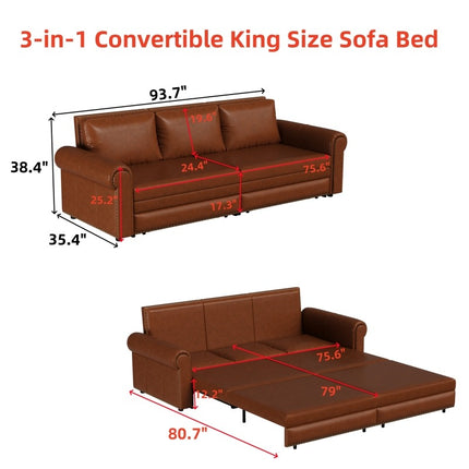 Sofa Bed - 3-in-1 Convertible Sleeper with Faux Leather Upholstery, Nailhead Trim & Rolled Arms