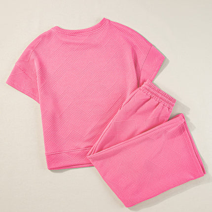 Strawberry Pink Textured Loose Fit T Shirt and Drawstring Pants Set