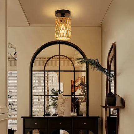 1pc Rattan Ceiling Light Fixture, Bohemian Style Flush Mount Ceiling Lamp, Handwoven Wicker Chandelier,