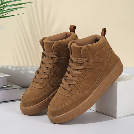 1 Pair Vintage Wheat Brown High-Top Sneakers for Men, Geometric Pattern Fabric Upper
