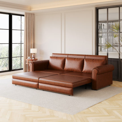 Sofa Bed - 3-in-1 Convertible Sleeper with Faux Leather Upholstery, Nailhead Trim & Rolled Arms